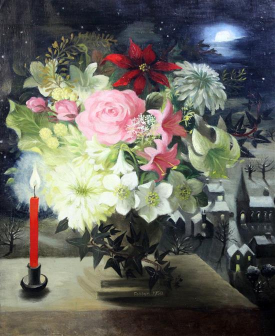 § Mary Fedden (1915-2012) Winter still life with a lit candle 23.5 x 19.5in.